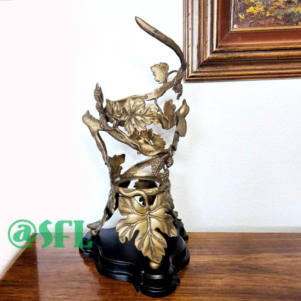 Brass Hummingbird Leafy Wine Holder Vase Cradler Centerpiece Art Nouveau Style